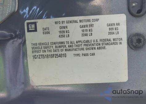 2006 Chevrolet Malibu Lt из США, поврежденный, VIN 1G1ZT51816F254010